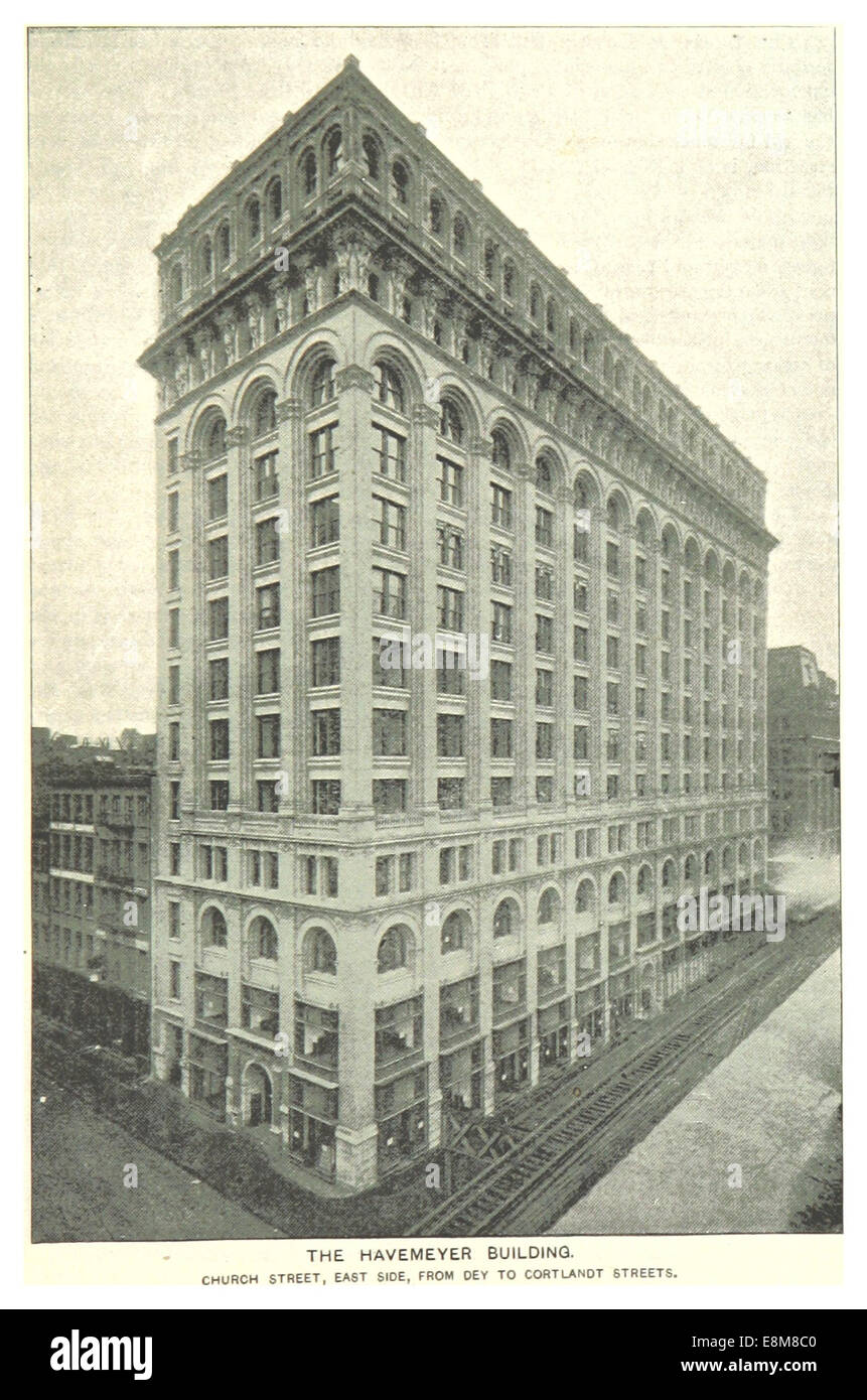 This 1893 illustration depicts the Havemeyer Building located on Church Street, between Dey and Cortlandt Streets in New York City, offering a view of the architectural landscape of the period. Stock Photo