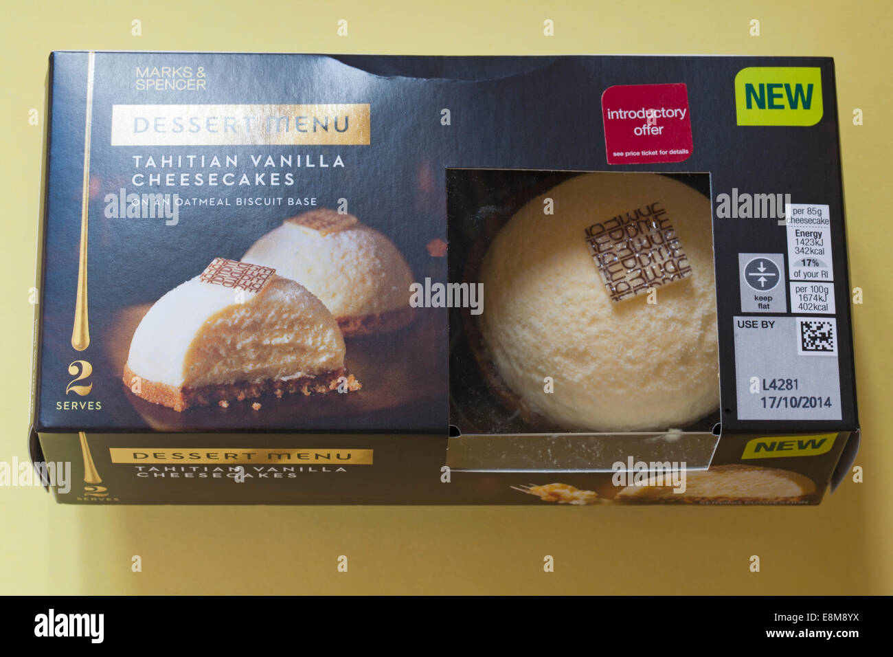 box of Marks & Spencer Tahitian Vanilla Cheesecakes on an oatmeal