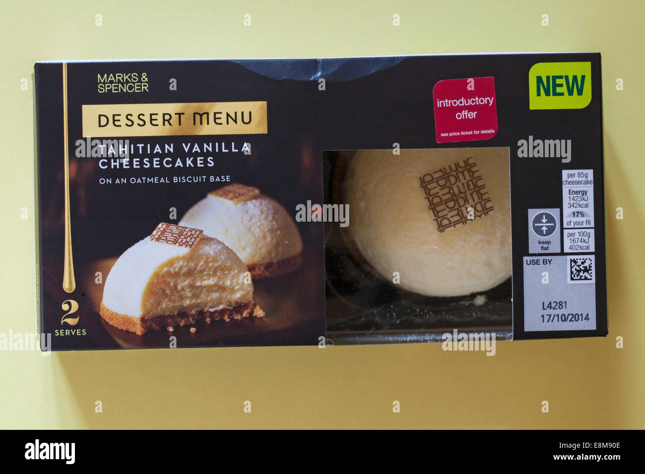 box of Marks & Spencer Tahitian Vanilla Cheesecakes on an oatmeal