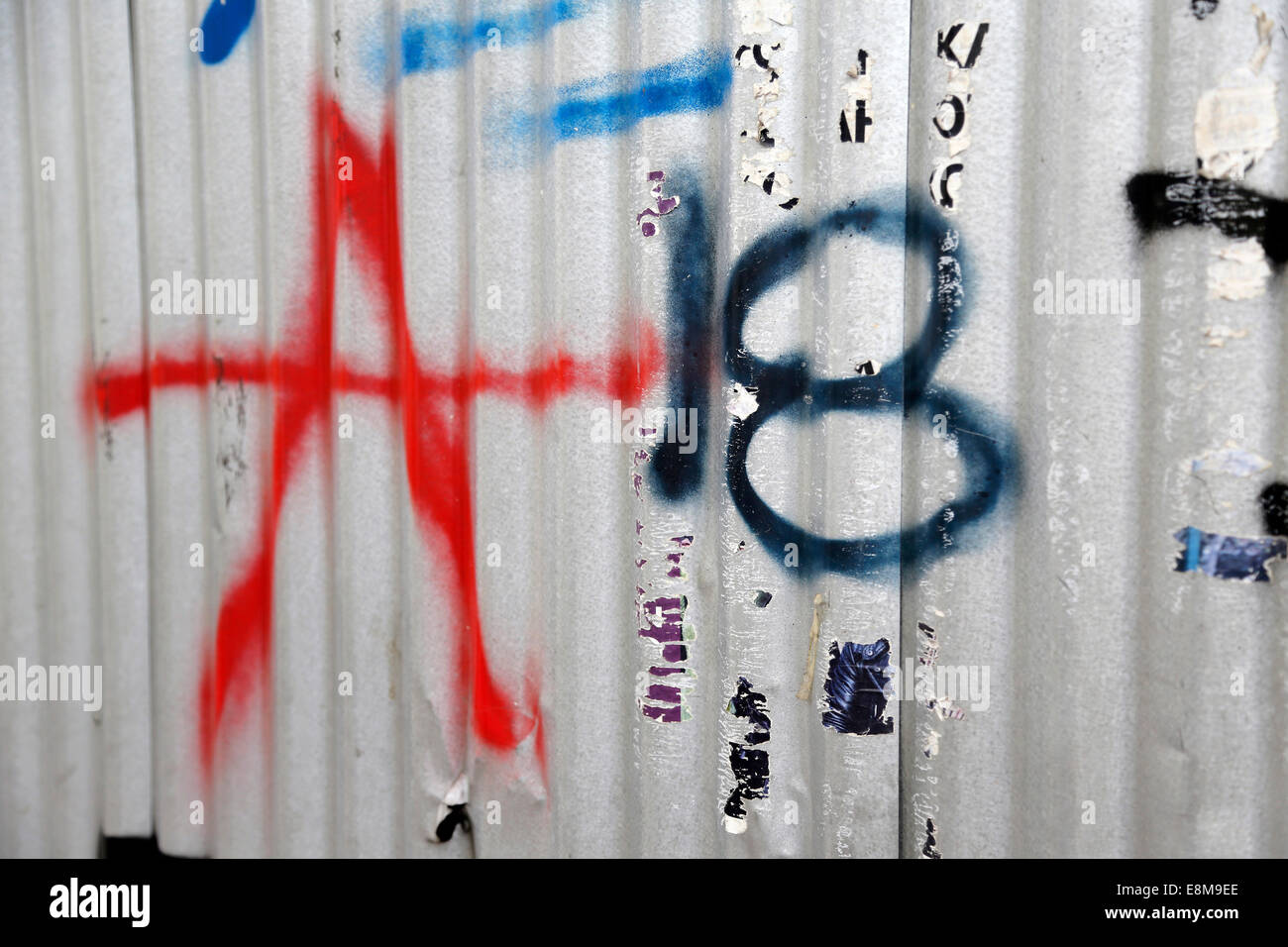 Athens Greece Graffiti On Corrugated Metal Anarchy Symbol Stock Photo