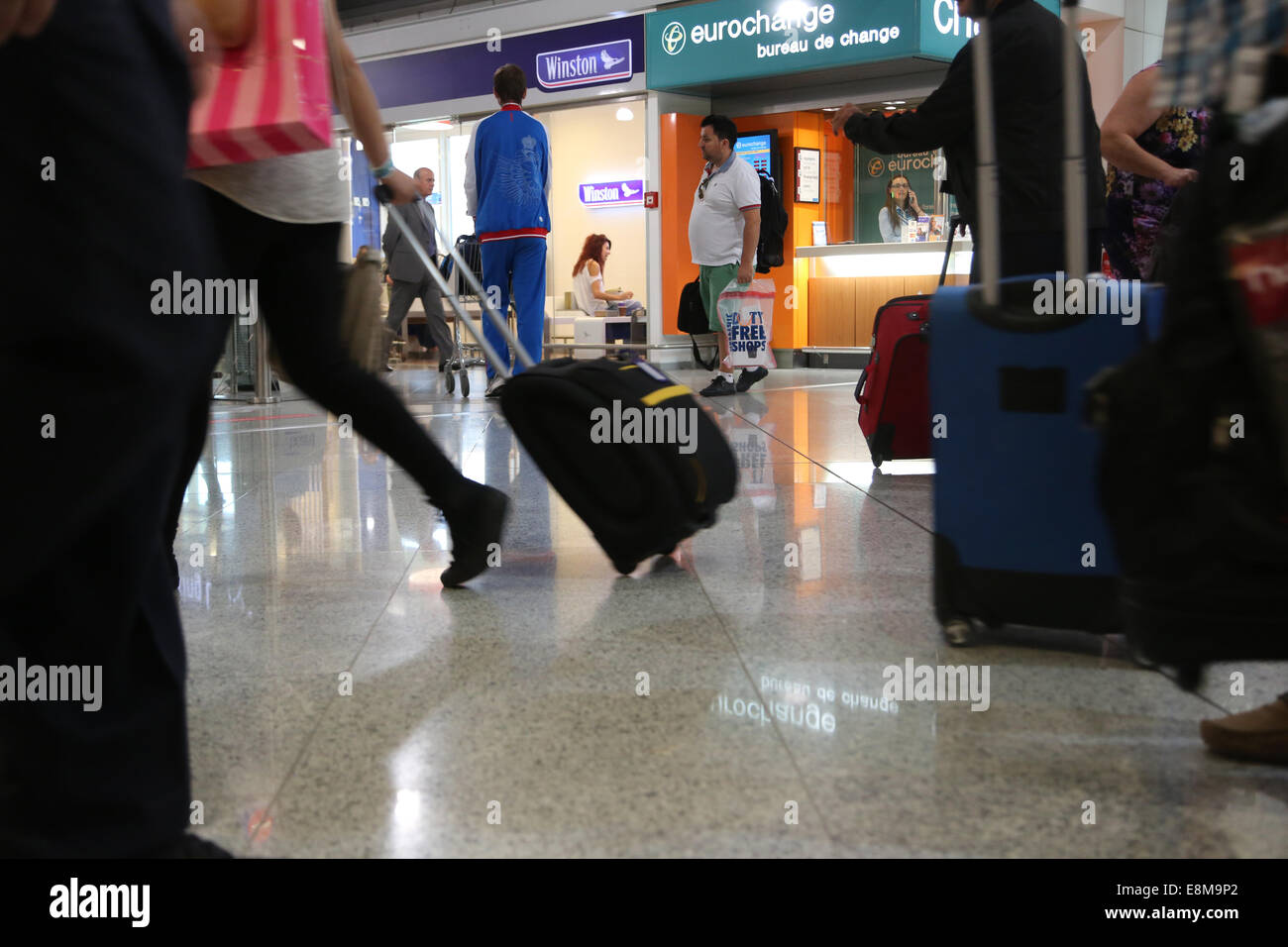 Athens Greece Athens International Airport Passengers With Luggage Eurochange Stock Photo