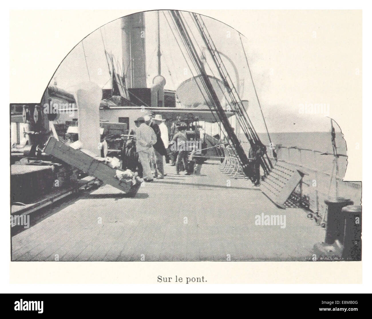 A vintage illustration titled 'Sur le pont,' showcasing a bridge scene ...