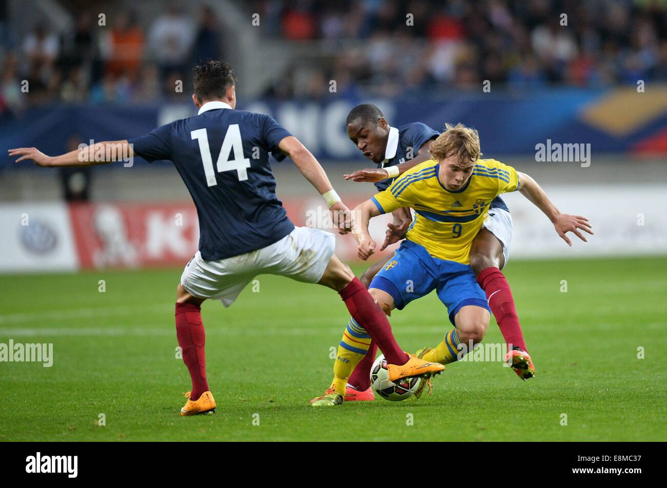 Stade Le Mans, Le Mans, France. 10th Oct, 2014. U23 International football. Euro 2015 Qualification match between France and Sweden. Simon Tibbling (fra) - Geoffrey Kondogbia (fra) Credit:  Action Plus Sports/Alamy Live News Stock Photo