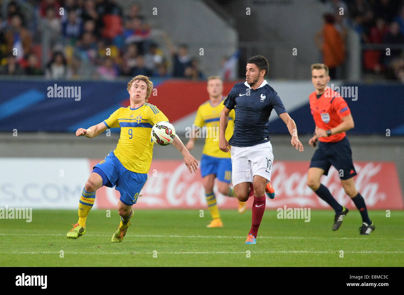 Stade Le Mans, Le Mans, France. 10th Oct, 2014. U23 International football. Euro 2015 Qualification match between France and Sweden. Simon Tibbling (swe) - Morgan Sanson (fra) Credit:  Action Plus Sports/Alamy Live News Stock Photo