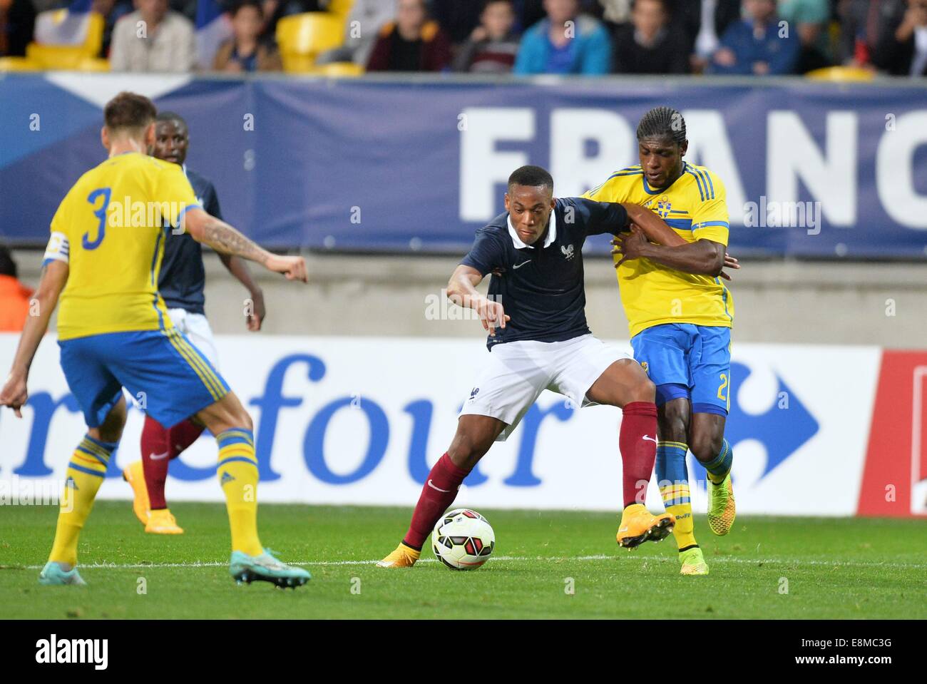 Stade Le Mans, Le Mans, France. 10th Oct, 2014. U23 International football. Euro 2015 Qualification match between France and Sweden. Anthony Martial (fra) - Joseph Baffo (swe) Credit:  Action Plus Sports/Alamy Live News Stock Photo