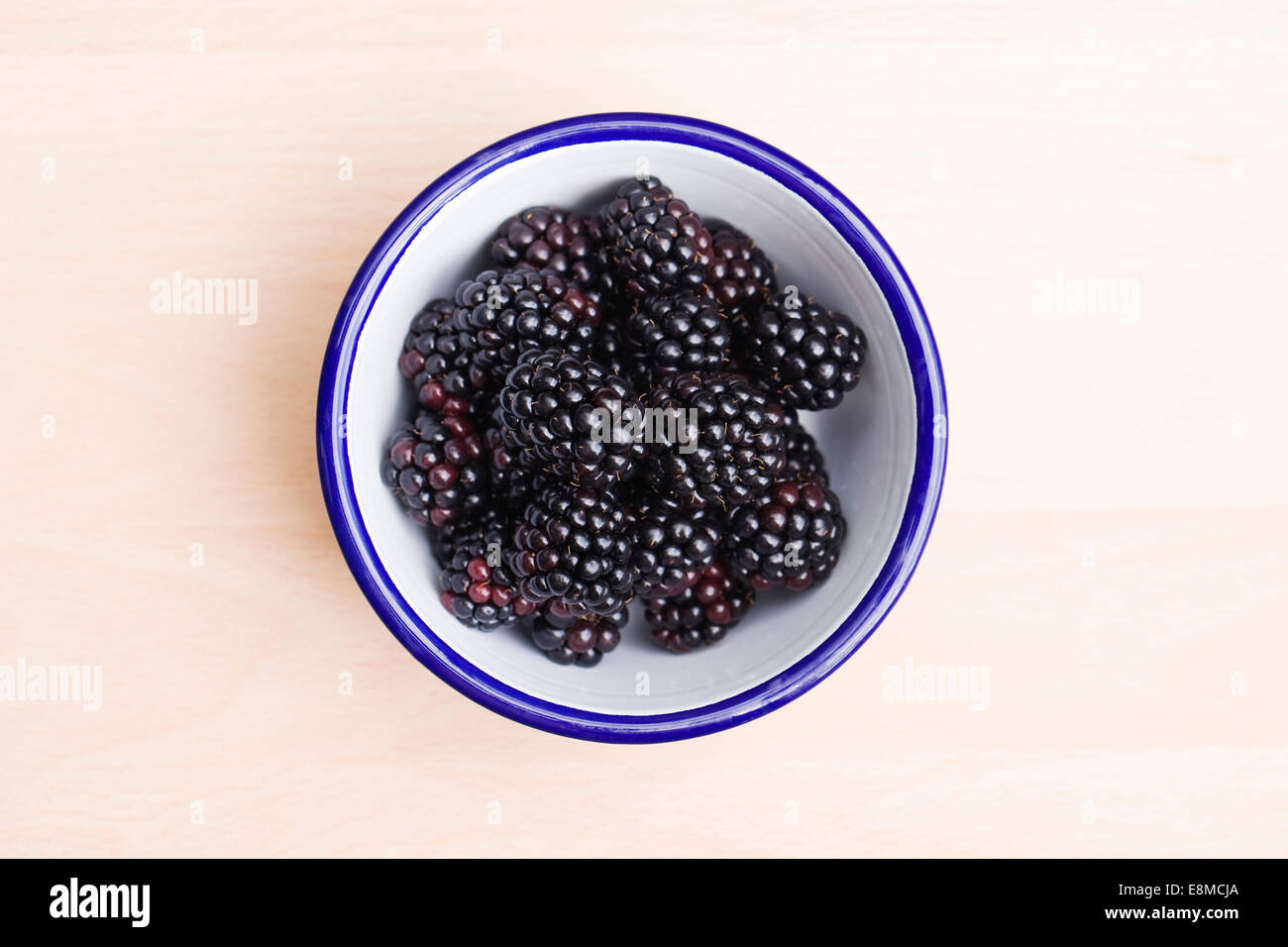 Rubus fructicosus. Freshly picked blackberries in an enamel bowl. Stock Photo