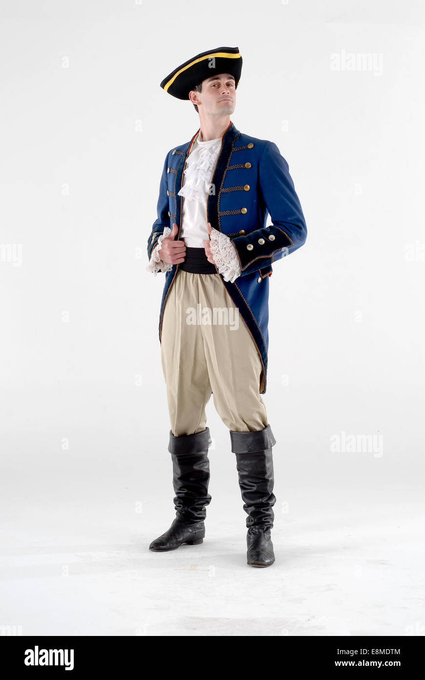 man in fancy dress comedy costume as a historical military sailor / pirate with age appropriate outfit Stock Photo