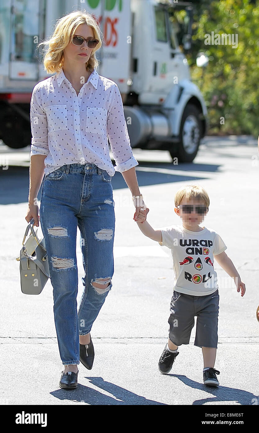 January Jones Takes Son Xander To Lunch At Houstons Restaurant Before Grocery Shopping In