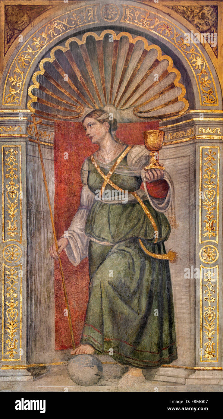PADUA, ITALY - SEPTEMBER 8, 2014: The fresco of Faith cardinal virute in chapel Santa Maria della Carita by Dosso Dossi Stock Photo
