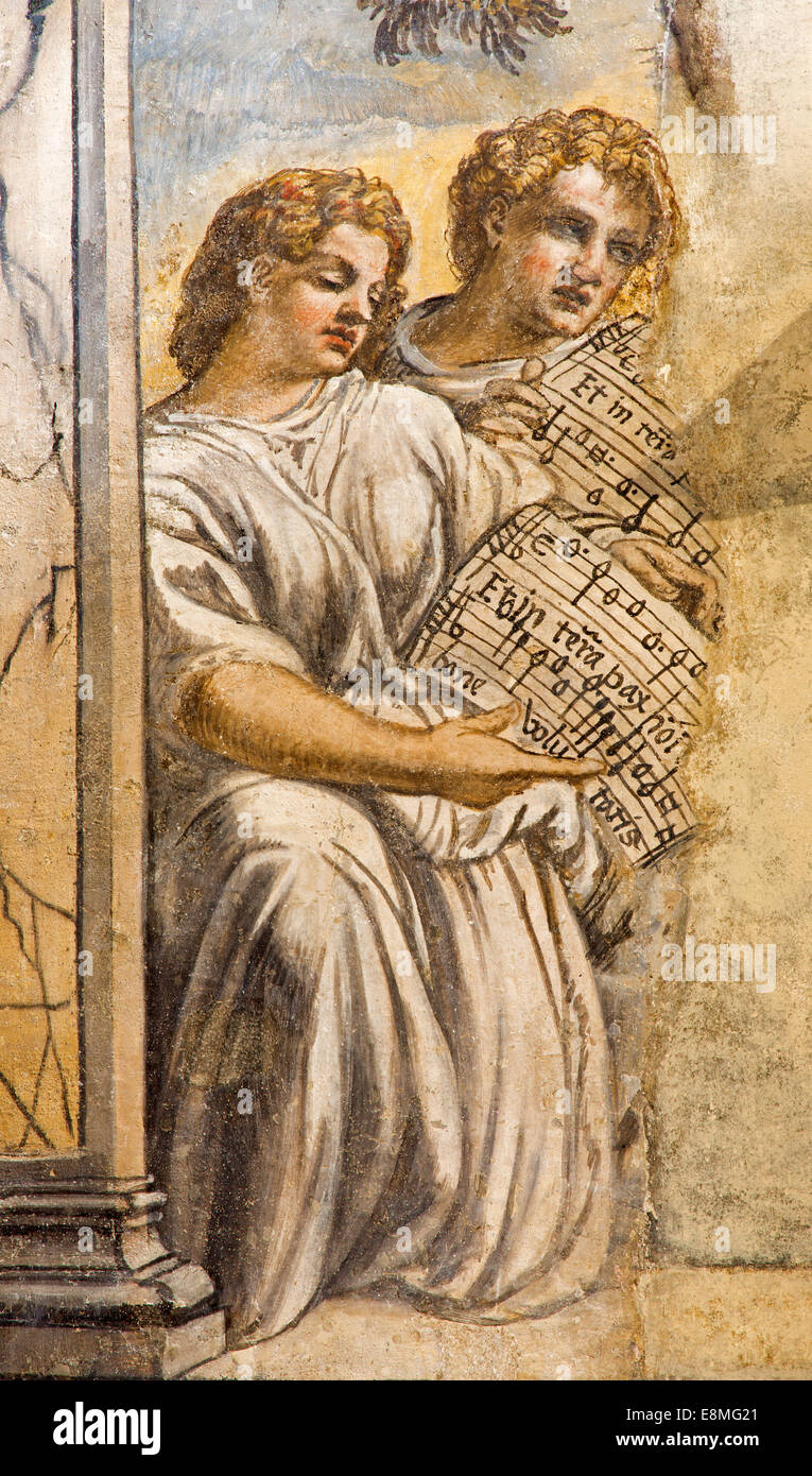 PADUA, ITALY - SEPTEMBER 8, 2014: The fresco of angels with the music in church San Francesco del Grande. Stock Photo