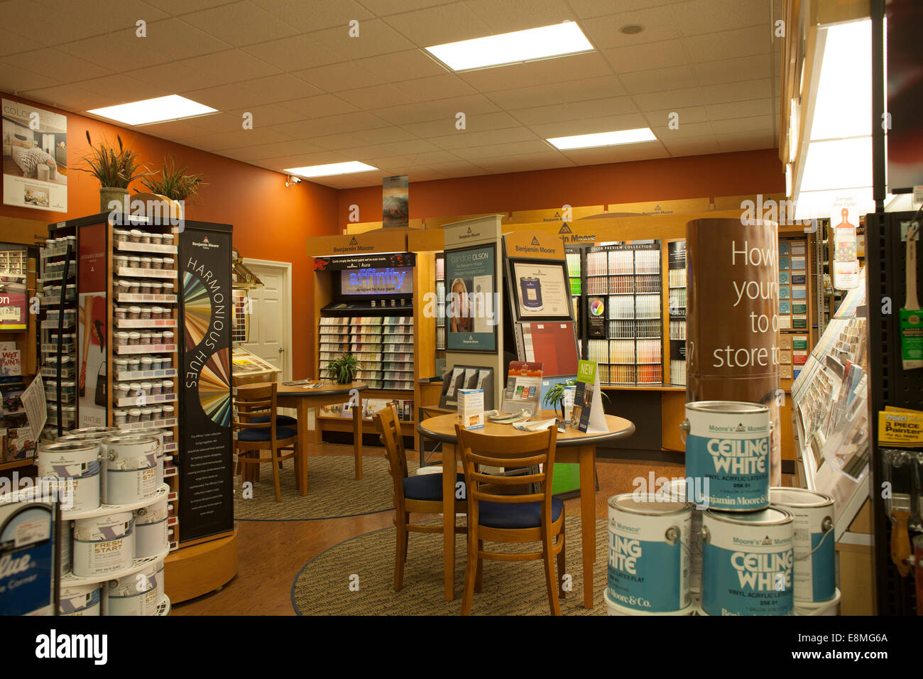 Attractive displays in the paint section of a small town hardware store