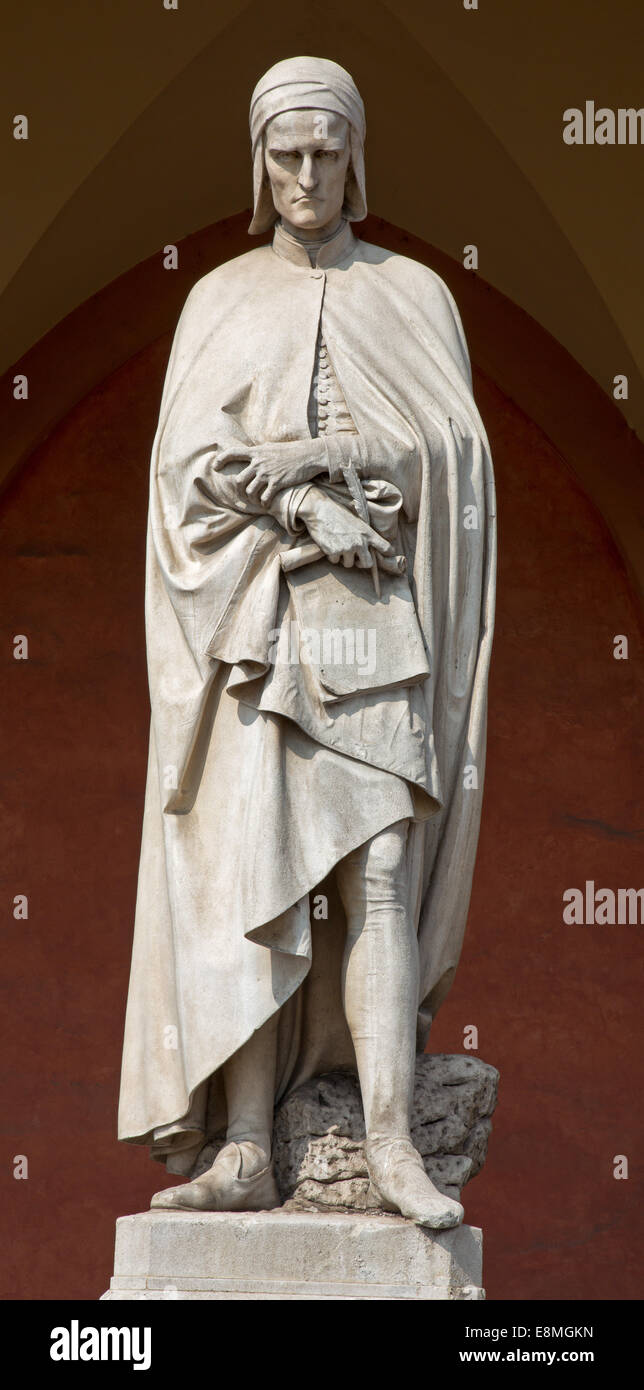 Padua - The statue of Dante Alighieri in the porch of the Lodge Amulea by Vincenzo Vela from year 1865. Stock Photo