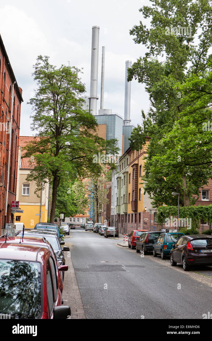 Streetview with heating plant, Limmer, Hanover-Linden, Lower Saxony, Germany, Europe, Stock Photo