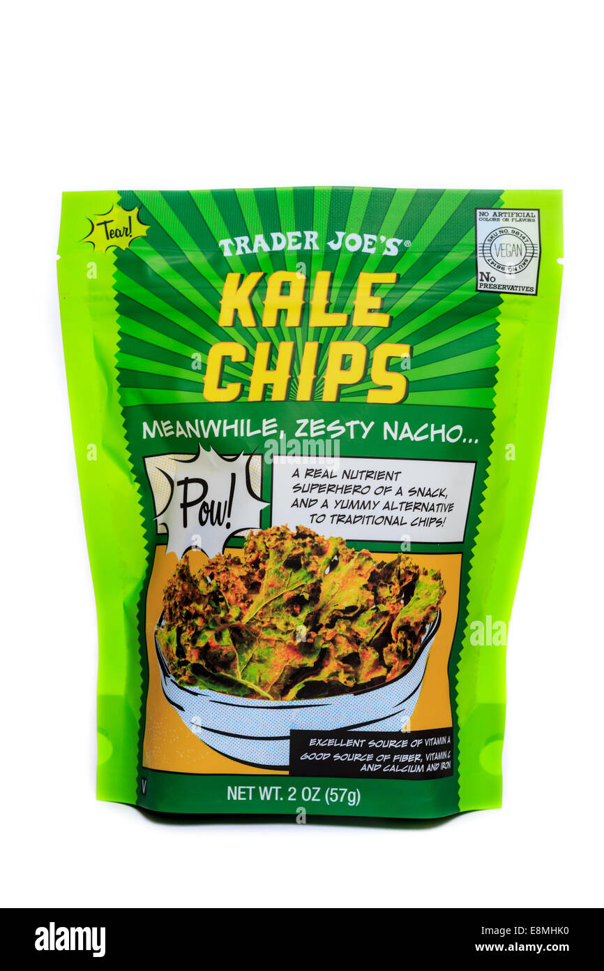 A bag of Trader Joe's Kale Chips in Zesty Nacho flavor Stock Photo