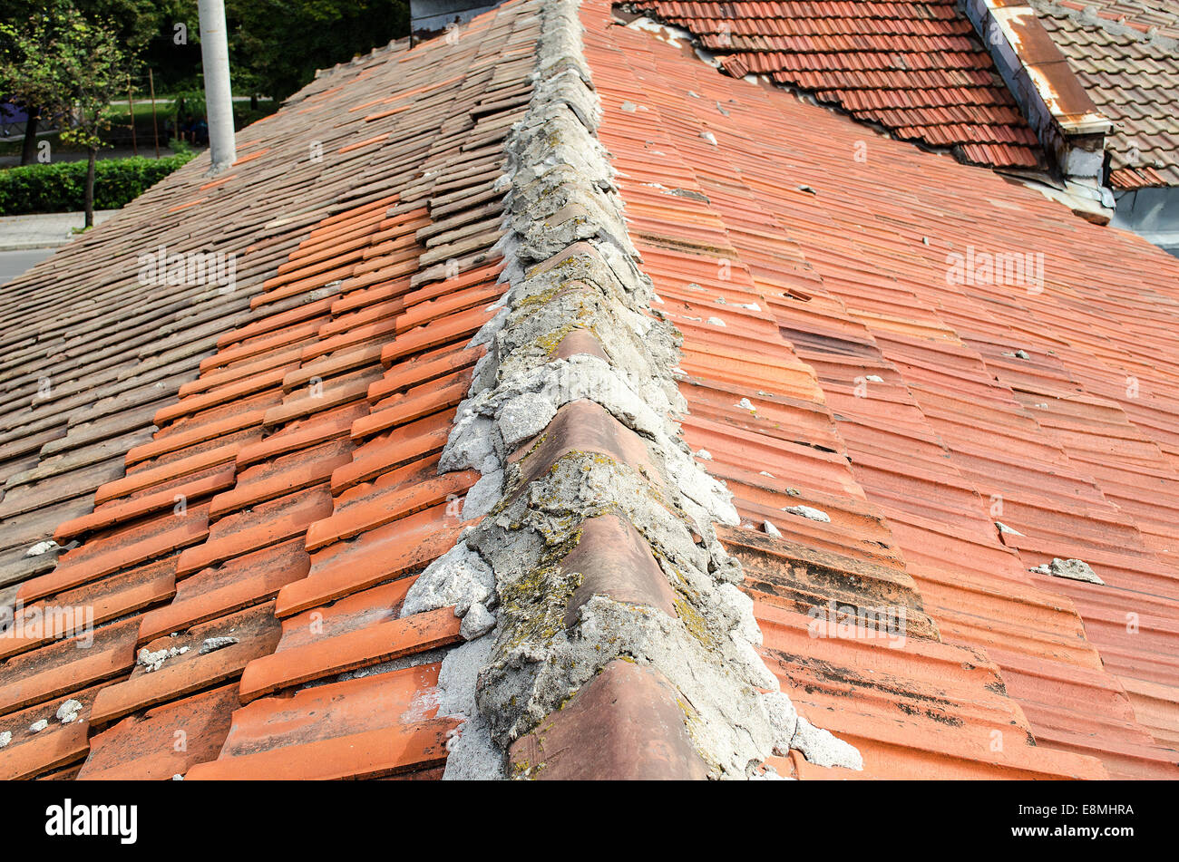 Old roof red tiles close view exterior Stock Photo