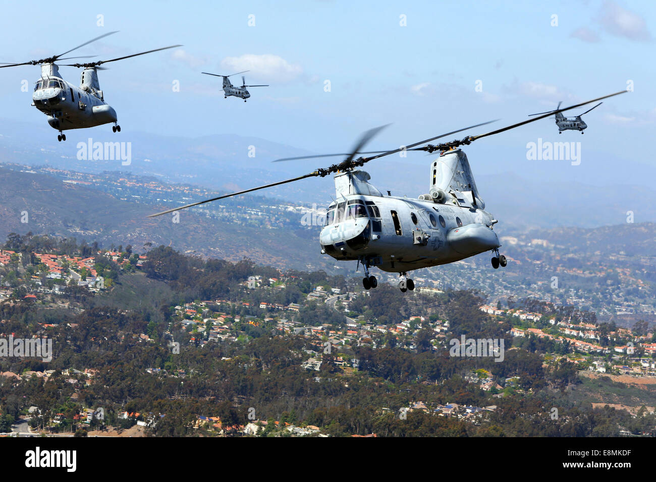 March 31, 2014 U.S. Marines fly CH46E Sea Knight helicopters over