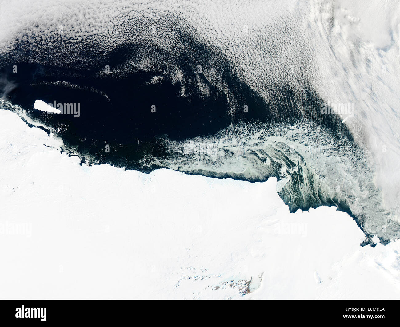 March 15, 2013 - Sea ice and icebergs floating along the Mawson Coast of East Antarctica. Stock Photo