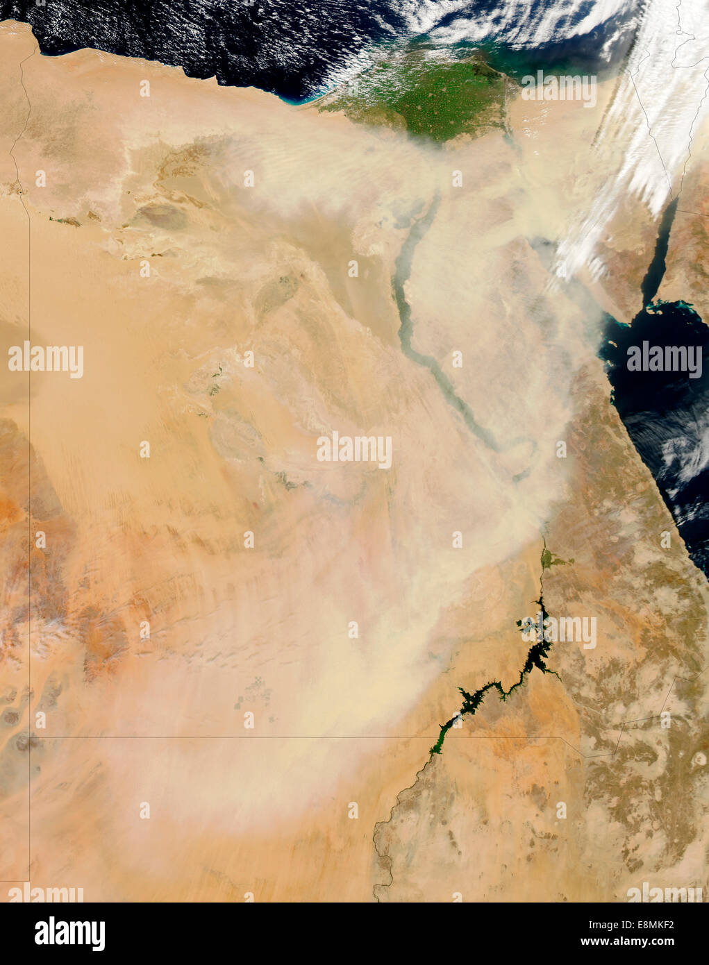 March 22, 2013 - Satellite view of a dust storm stretching from northwestern Sudan toward northeastern Egypt, obscuring parts of Stock Photo