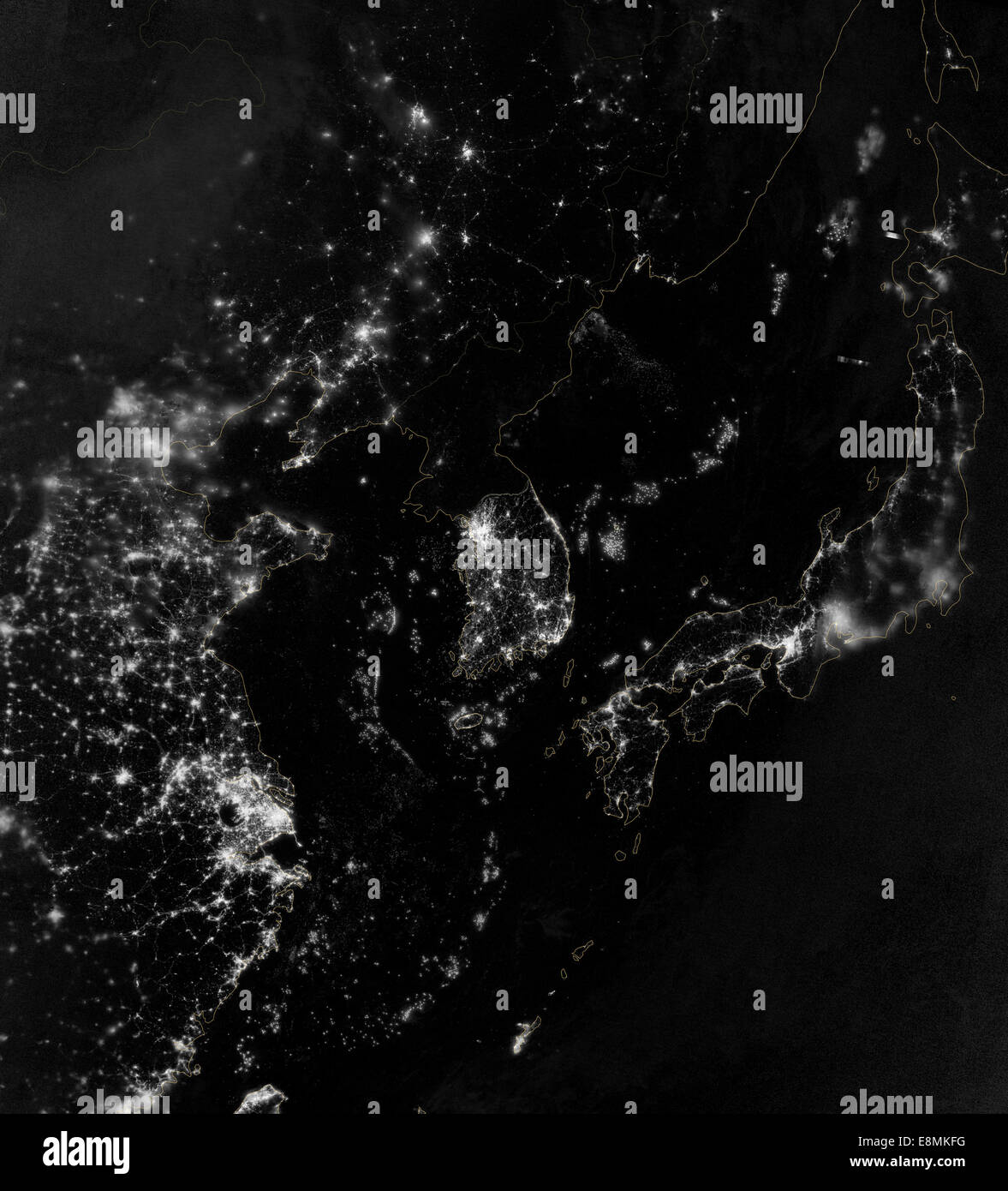 September 24, 2012 - Satellite view of the Korean Peninsula showing city lights at night. Also visible are parts of China and Ja Stock Photo