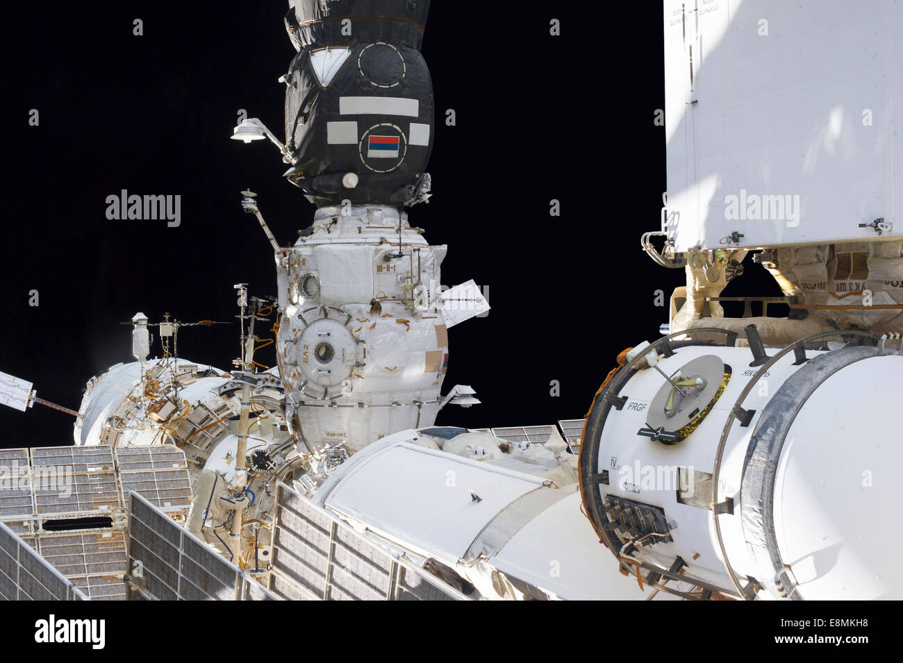 August 16, 2013 - Russian cosmonaut, attired in a Russian Orlan spacesuit, participates in a session of extravehicular activity Stock Photo