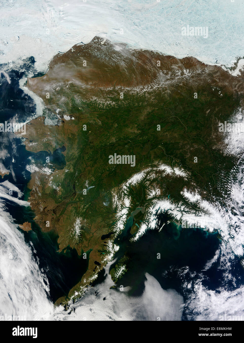 June 17, 2013 - Satellite view of Alaska, United States. Snow-covered mountains such as the Alaska Range and Chugach Mountains w Stock Photo