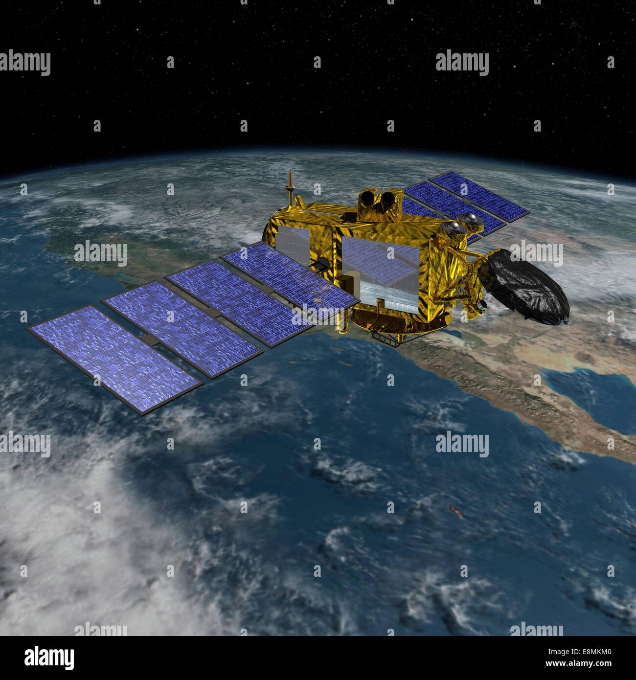 Artist's concept of the U.S./European Jason-3 spacecraft over the California coast.  Jason-3 is the fourth mission in U.S.-Europ Stock Photo