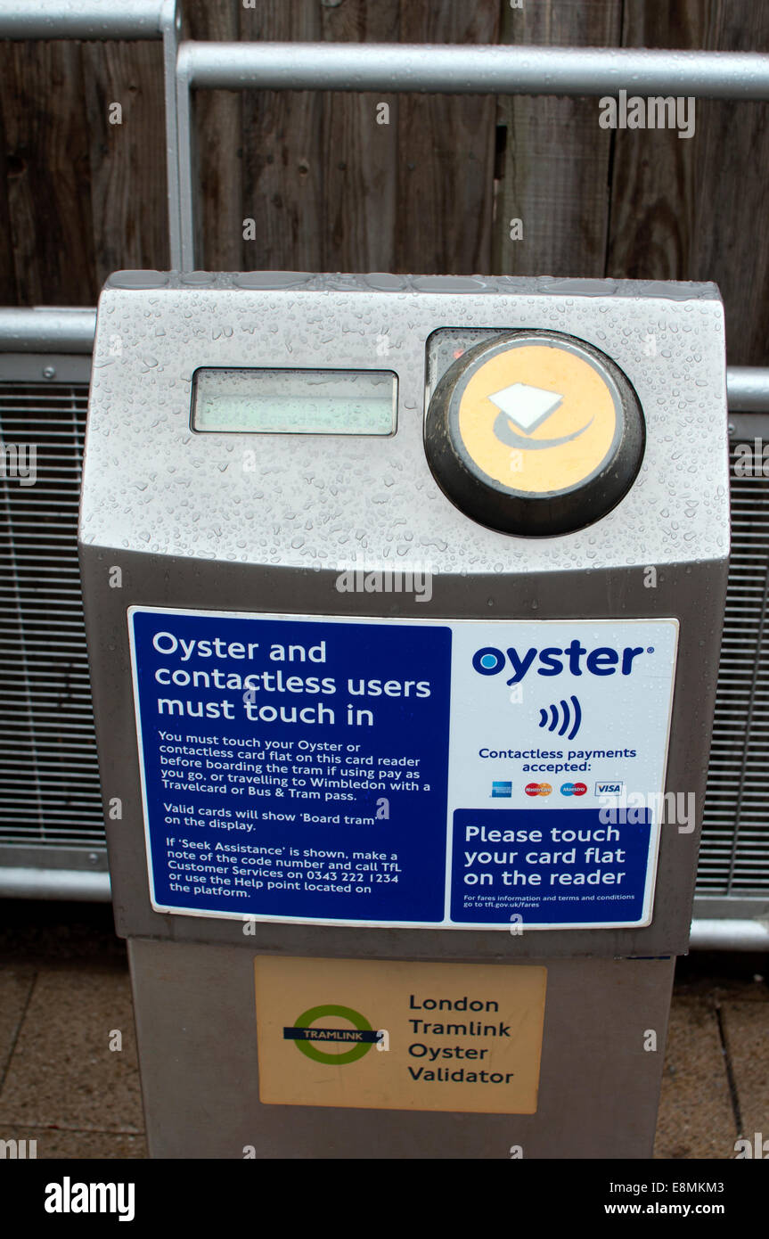 Oyster card reader on Tramlink station, Croydon, South London, UK Stock