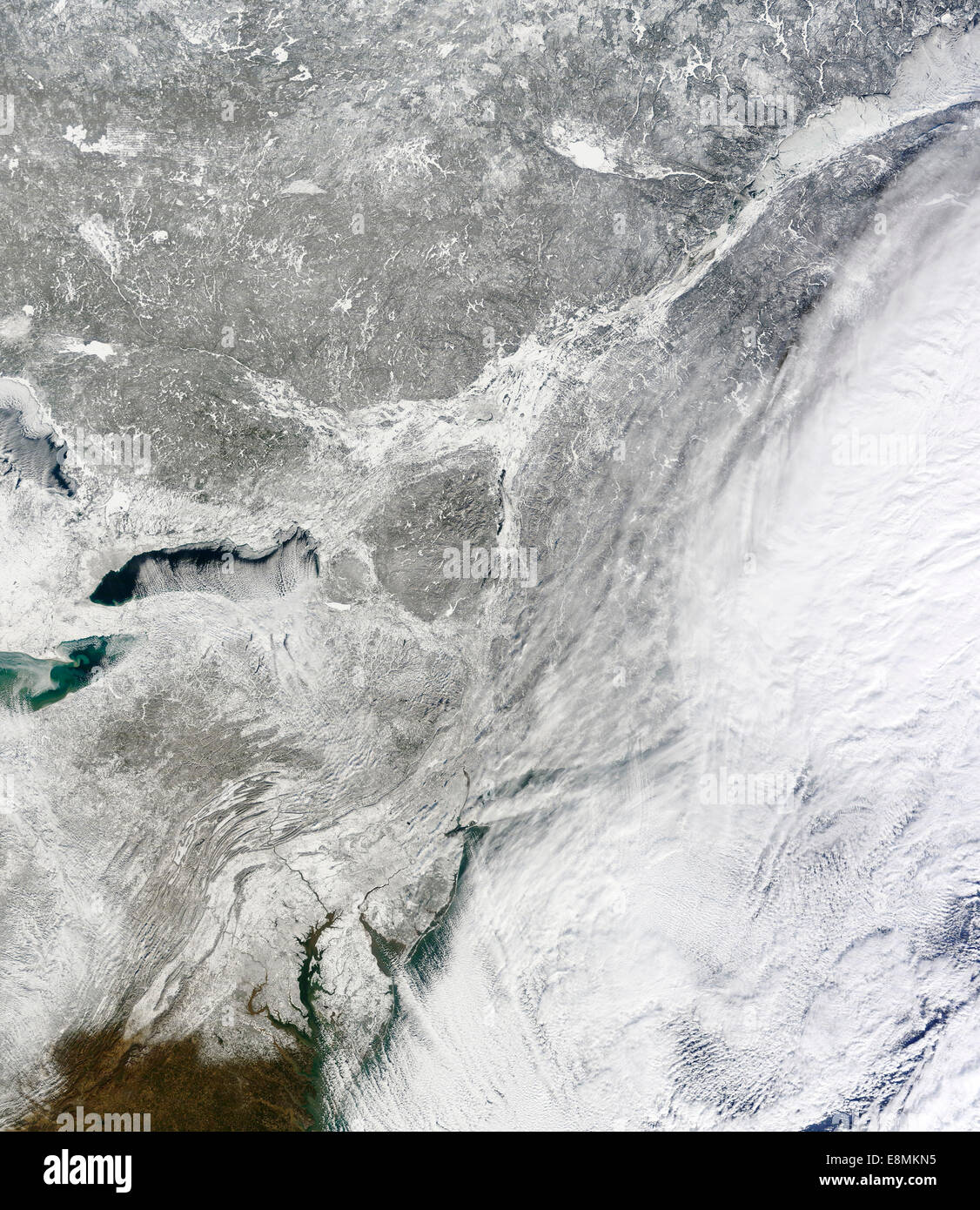 January 3, 2014 - Satellite view of a winter storm across the northeastern United States and North Atlantic Ocean. Lines of clou Stock Photo