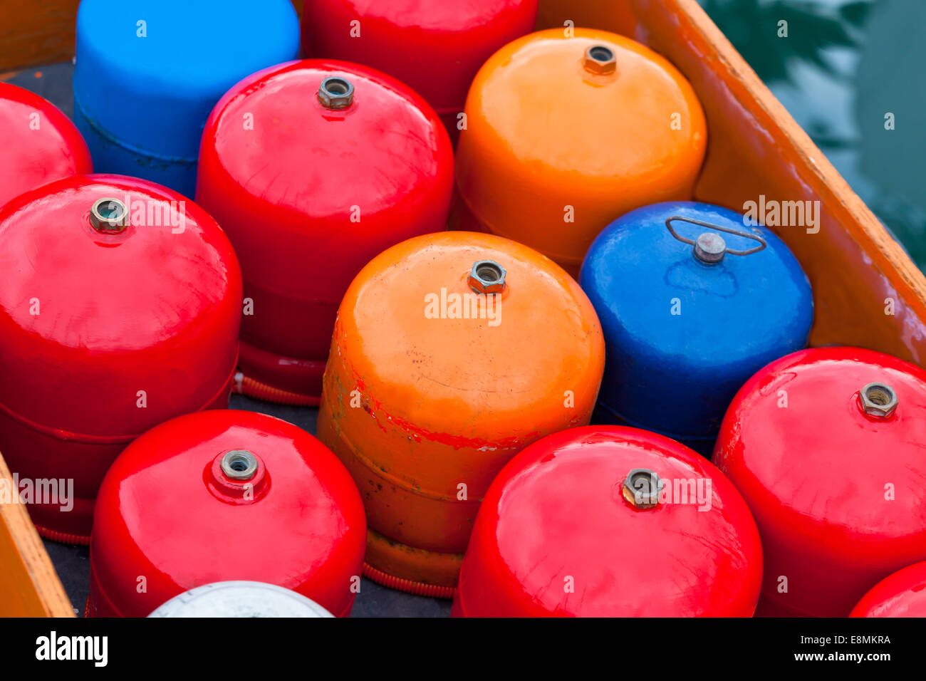 Bright metal gas bottles. Horizontal outdoor shot Stock Photo Alamy