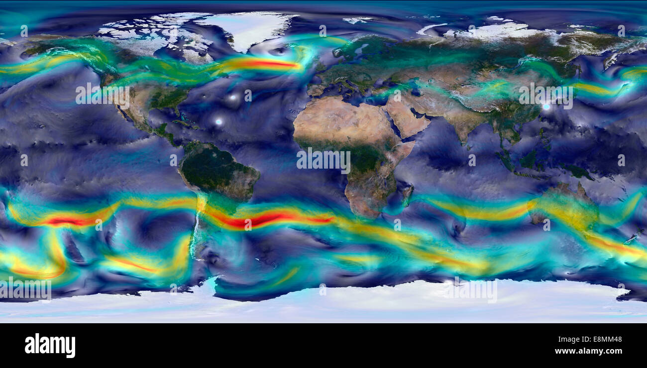 This atmospheric modeling visualization shows global winds from a GEOS-5 simulation using 10-kilometer resolution. Surface winds Stock Photo