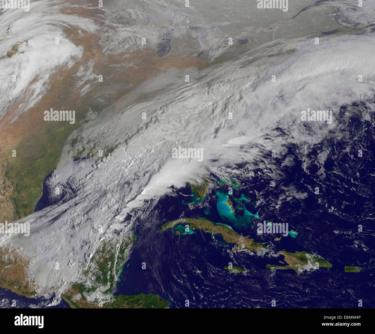 Satellite view of a winter snowstorm across the Mid-Atlantic United States in March 2014. Stock Photo