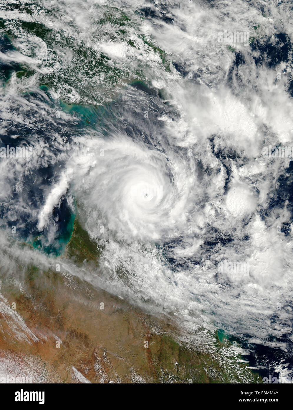 April 11, 2014 - Satellite view of Tropical Cyclone Ita making landfall on the Eastern Cape York Peninsula of Queensland, Austra Stock Photo