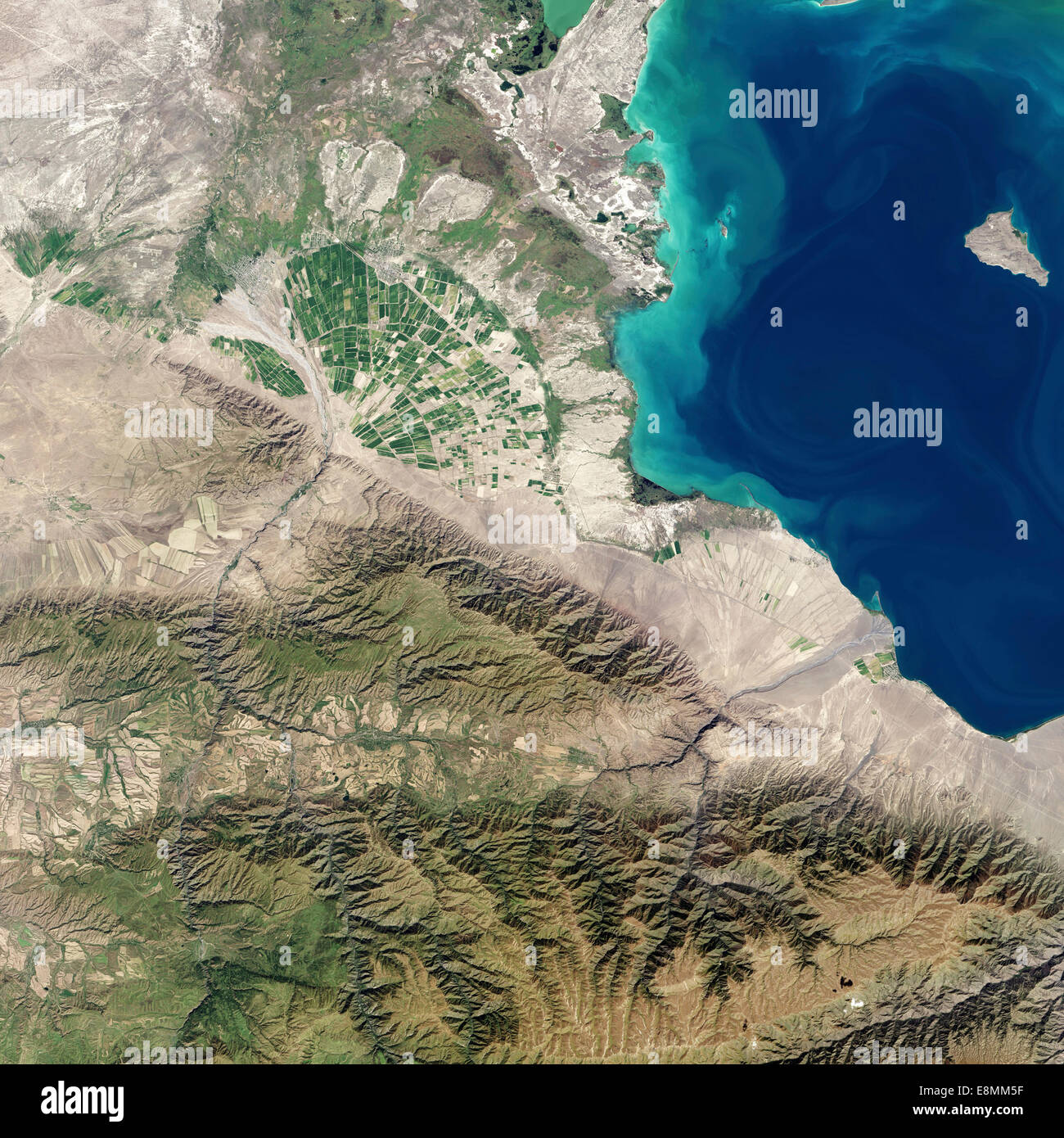 September 9, 2013 - Satellite view of an alluvial fan in Kazakhstan’s Almaty province. In the lower left of the image, the Tente Stock Photo