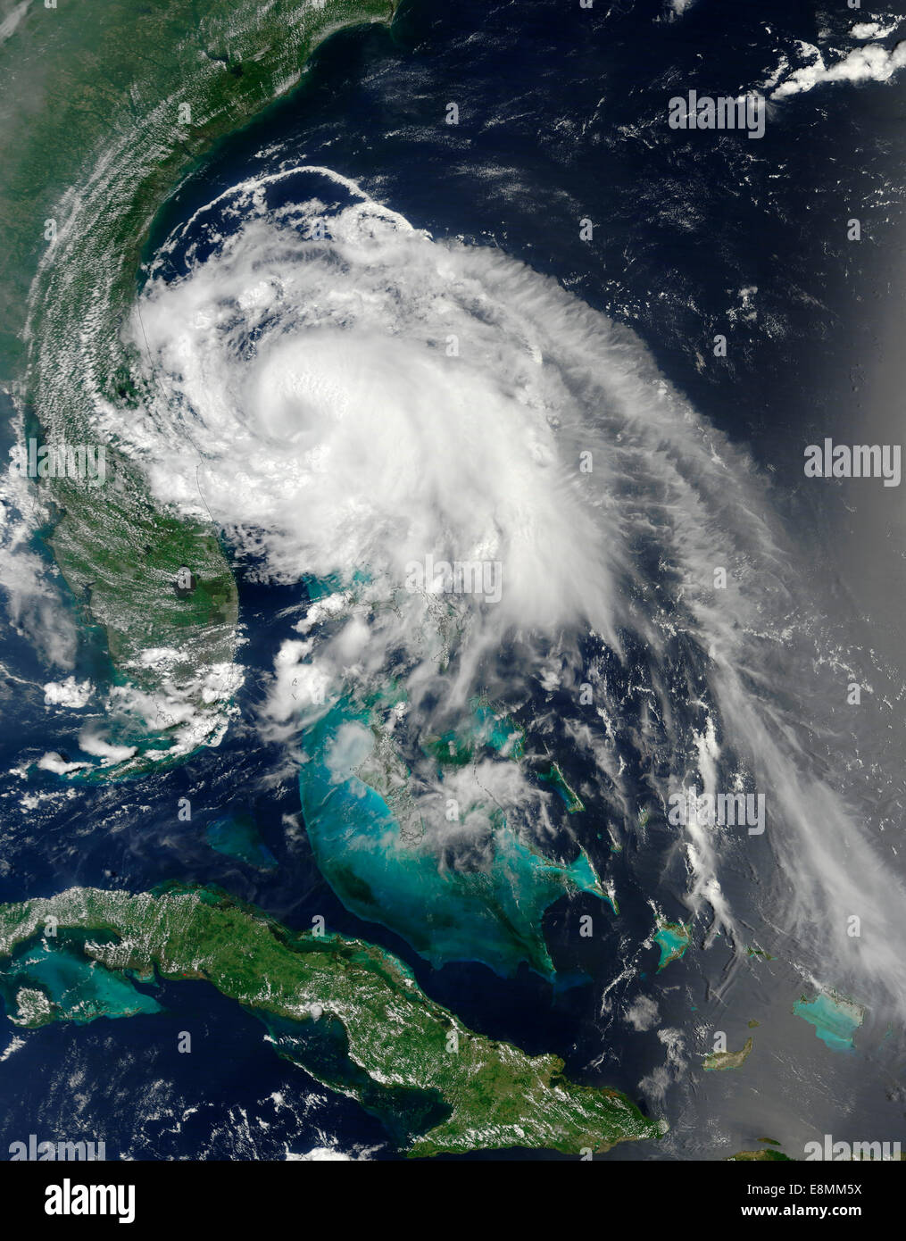 July 2, 2014 - Satellite view of Hurricane Arthur east of Cape Canaveral, Florida. Stock Photo