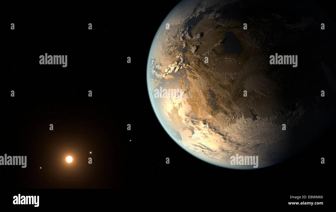 The artist's concept depicts Kepler-186f, the first validated Earth-size planet to orbit a distant star in the habitable zone. T Stock Photo