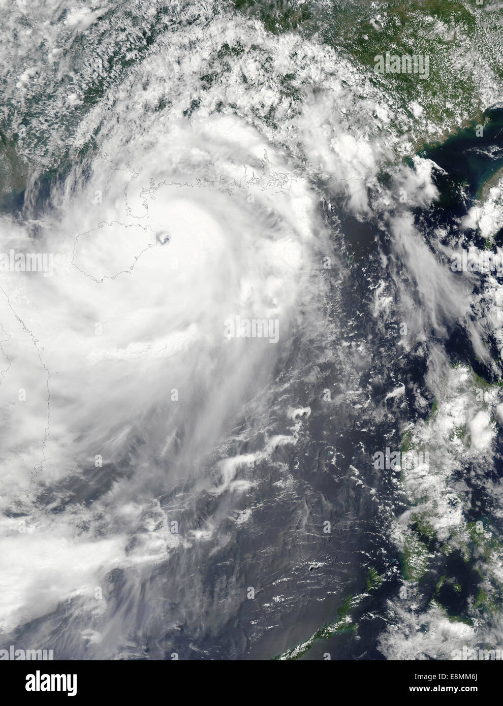 July 18, 2014 - Satellite view of Typhoon Rammasun off the coast of northern Hainan. It is surrounded by bands of thunderstorms Stock Photo