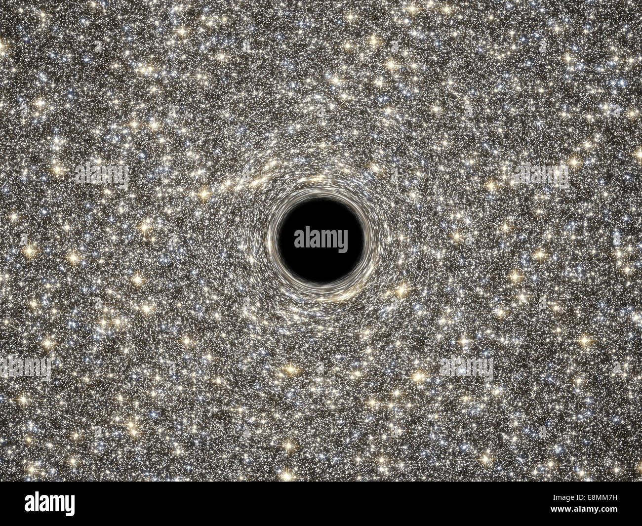 An illustration of a supermassive black hole, weighing as much as 21 million suns, located in the middle of the ultradense galax Stock Photo