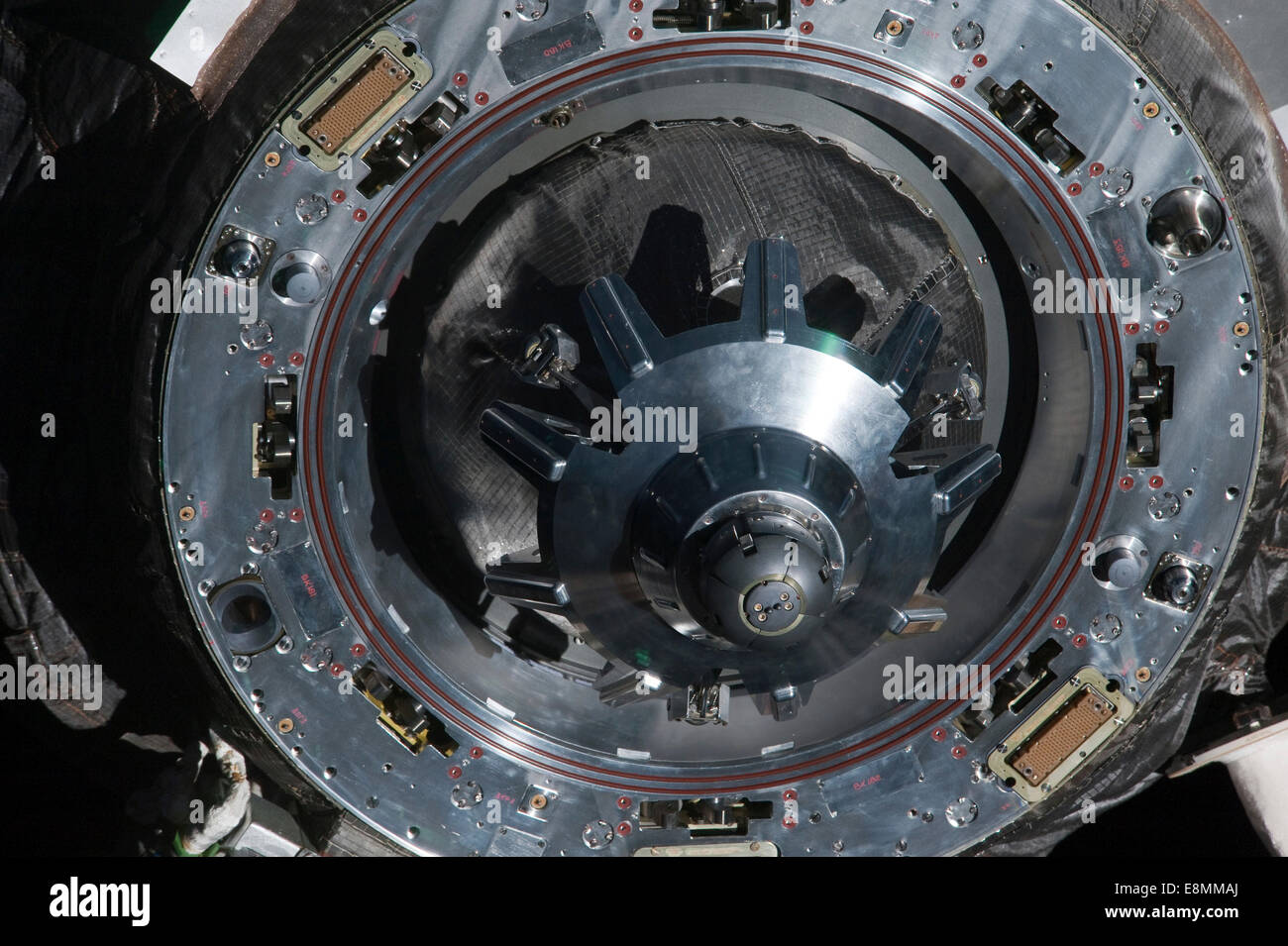April 19, 2012 - A close-up view of the docking mechanism of the unpiloted ISS Russian Progress 46 spacecraft. Stock Photo