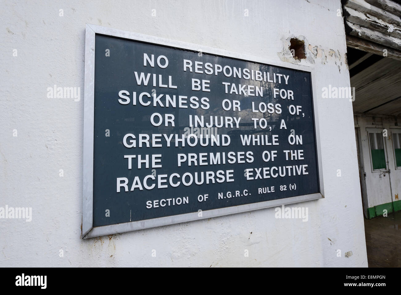 Sign outside the abandoned and derelict kennels at Walthamstow greyhound track Stock Photo