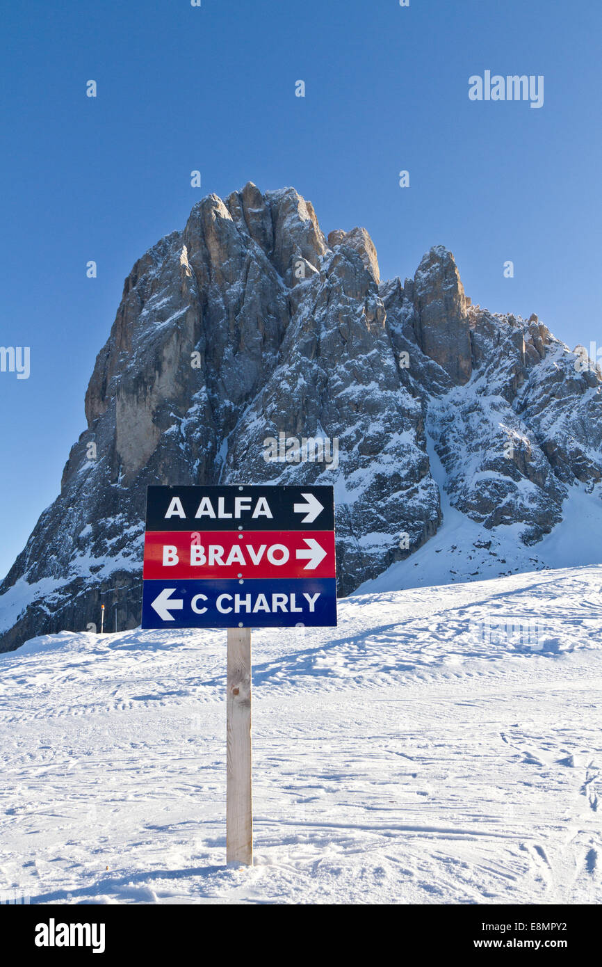 Sings on the skiing piste at 'Sella ronda', Italy Stock Photo