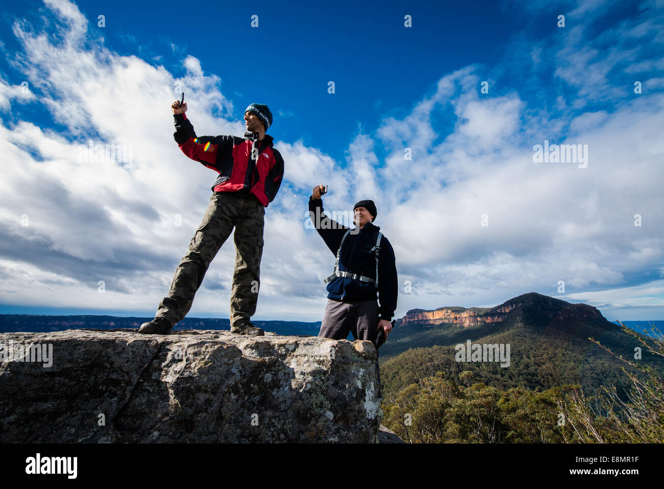 Selfies of Mt Solitary on The Castle in the Blue Mountains near Katoomba, Australia. Mount Solitary and The Castle. Stock Photo