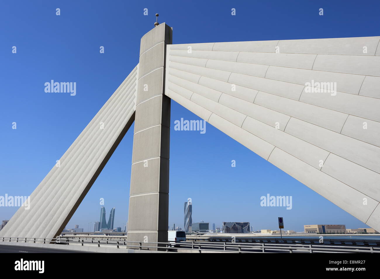 The Sheikh Isa bin Salman Causeway linking Manama and Muharraq, with the Financial Harbour in the background, Kingdom of Bahrain Stock Photo