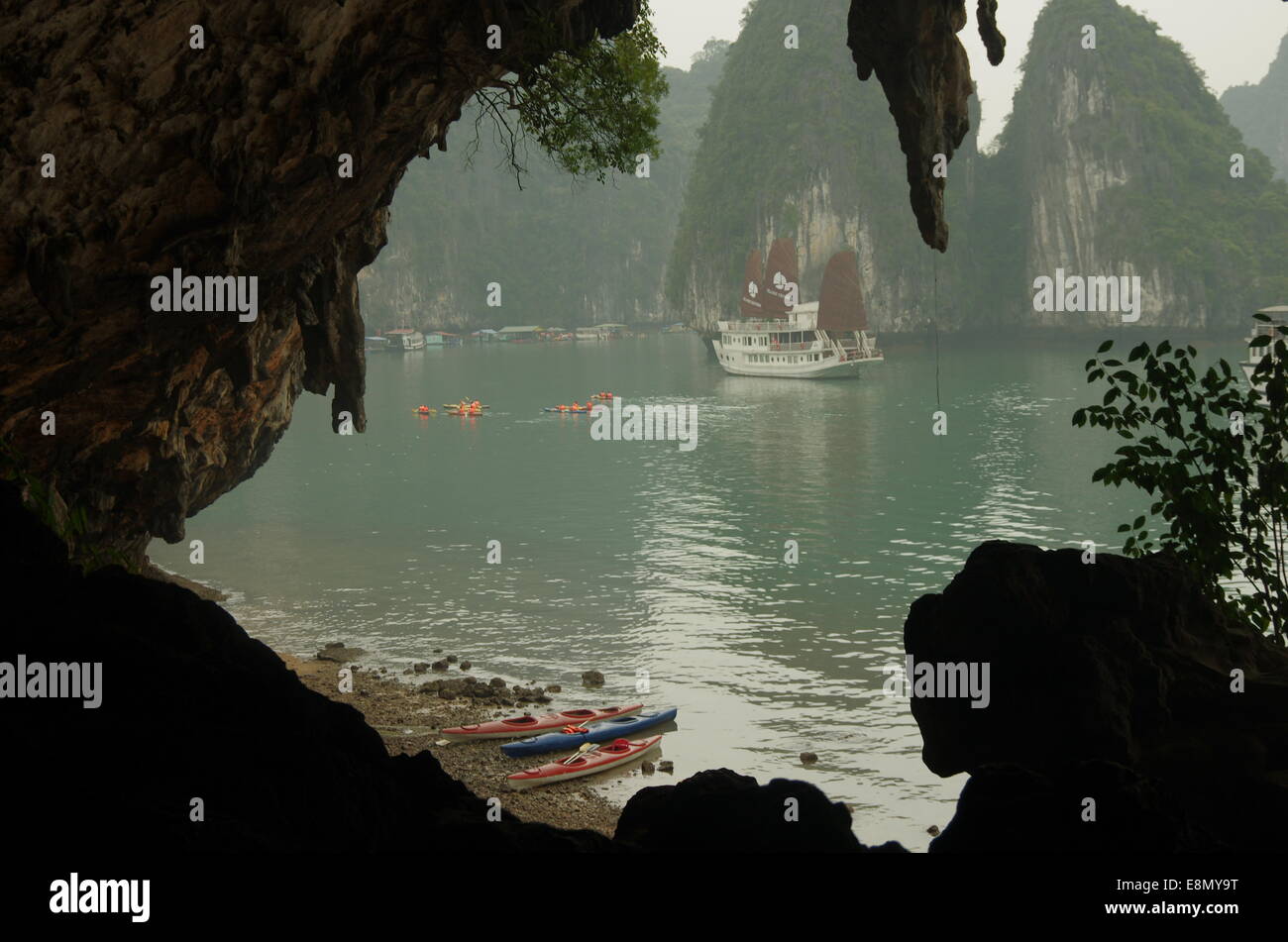 Ship view from a cave Stock Photo