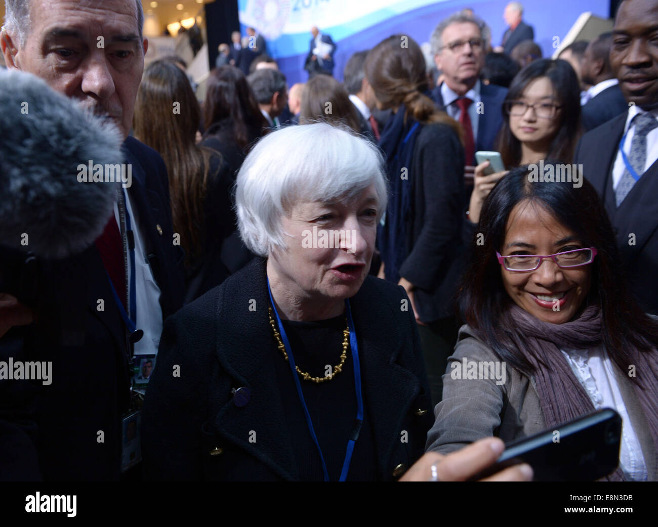 Washington, DC, USA. 11th Oct, 2014. U.S. Federal Reserve Chair Janet Yellen arrives for the International Monetary and Financial Committee (IMFC) meeting during the annual Meetings of the World Bank and International Monetary Fund (IMF) in Washington, DC, capital of the United States, Oct. 11, 2014. Credit:  Yin Bogu/Xinhua/Alamy Live News Stock Photo