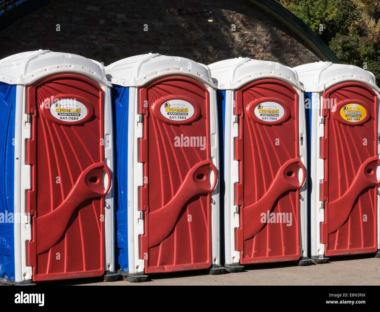 Colorful portable toilets, USA Stock Photo Alamy