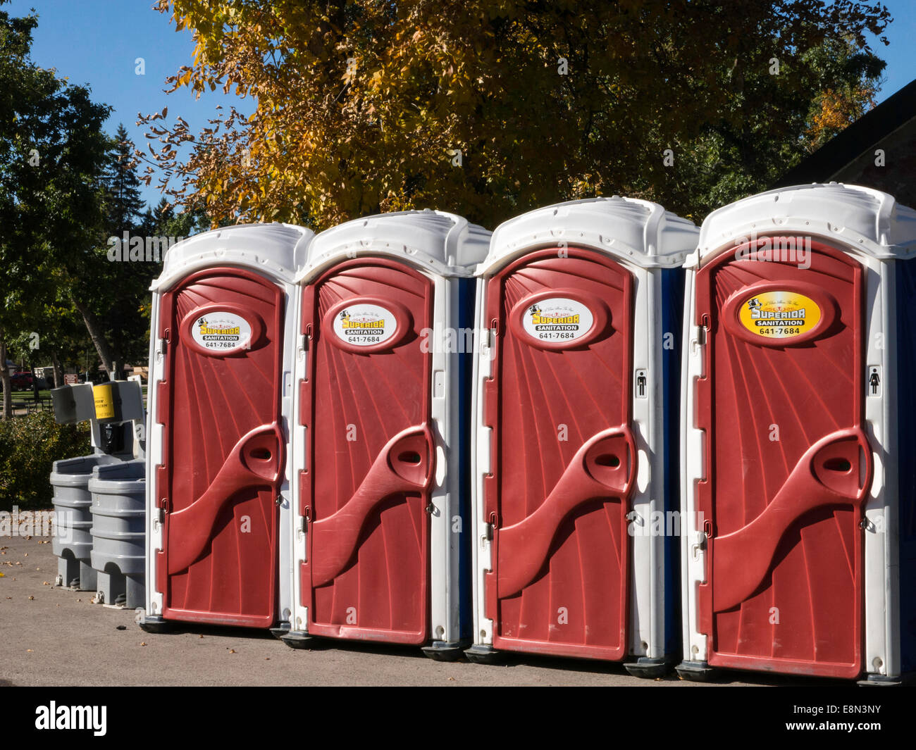 Colorful portable toilets and Hand Washing Sation , USA Stock Photo Alamy