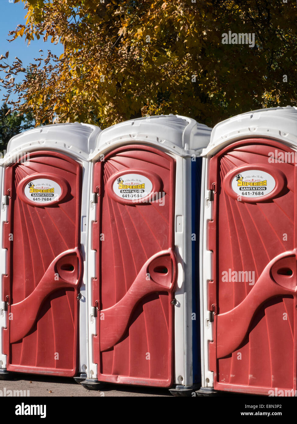 Colorful portable toilets, USA Stock Photo Alamy