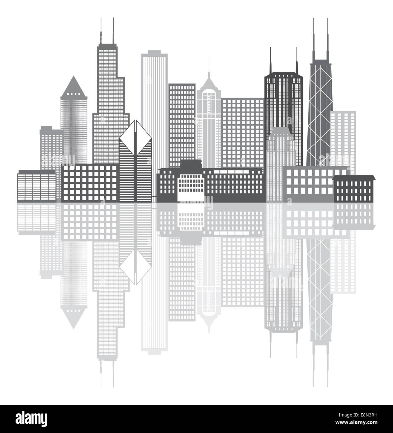 Chicago Illinois City Skyline Panorama Grayscale Outline Silhouette with Reflection Isolated on White Background Illustration Stock Photo