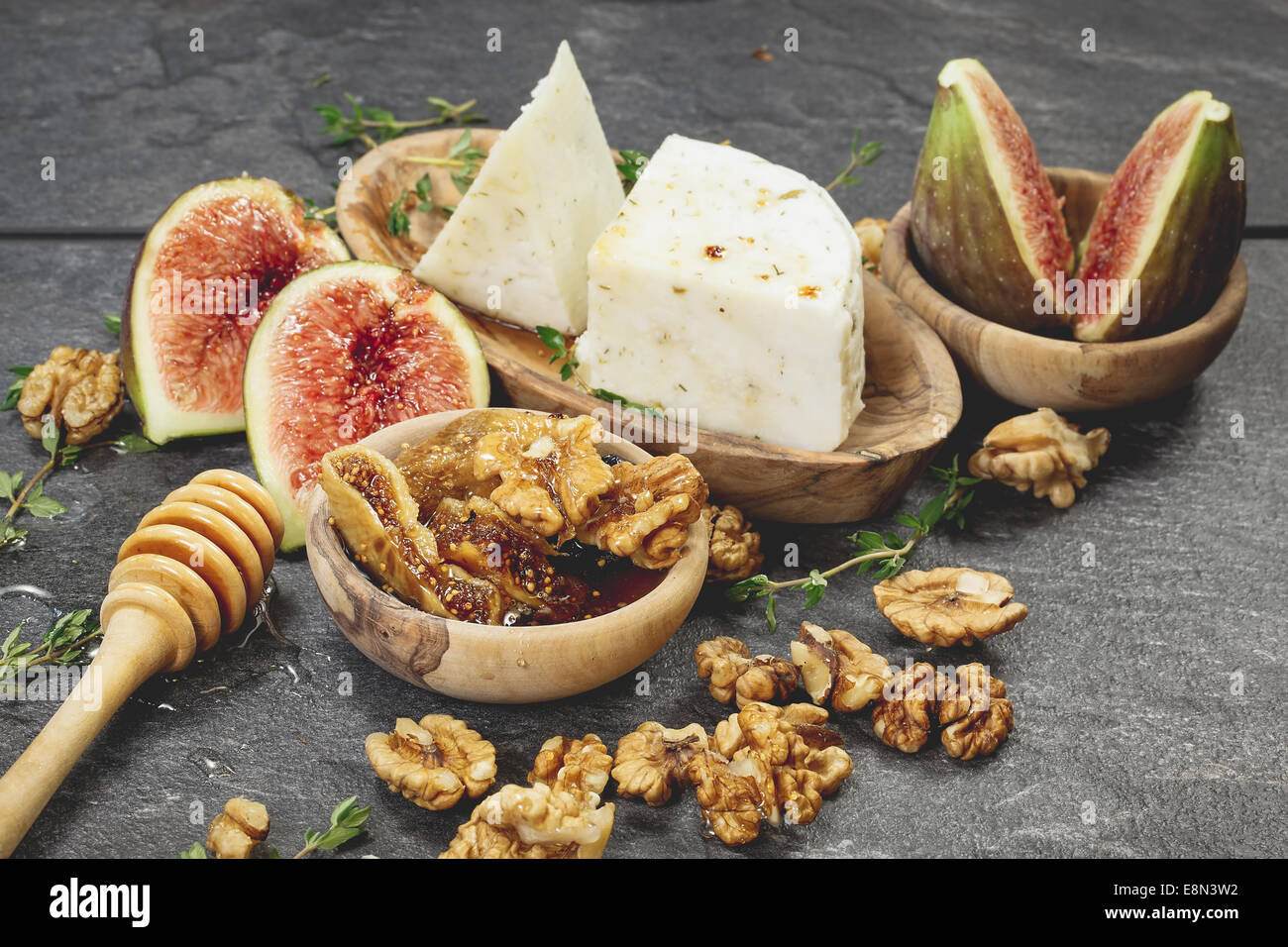 Fresh Figs with Spiced Honey and Goat Cheese. Done with a vintage retro