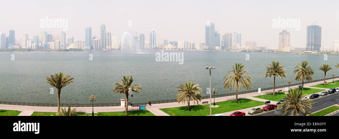 The panorama of Sharjah fountain and man-made lake, Sharjah, UAE Stock Photo